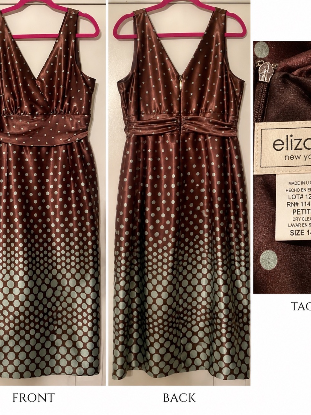 Eliza J Brown Satin Polka Dot Midi Dress with Mint Dots